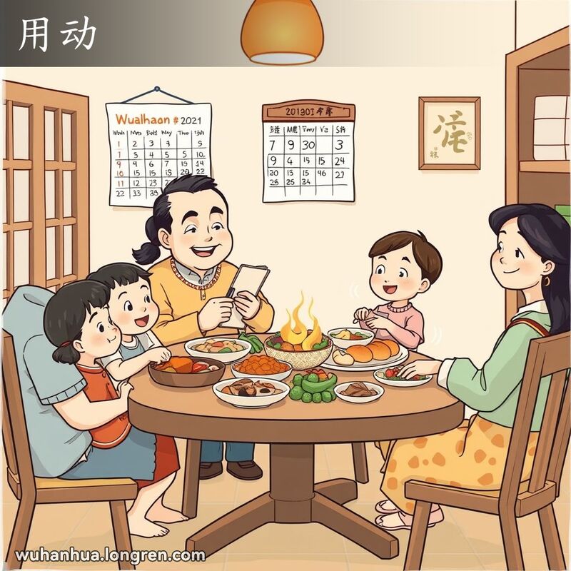 一个四口之家围坐在餐桌旁享受团圆饭，父亲手持小本子和笔，神情专注，背景中的日历上圈出了重要日期。