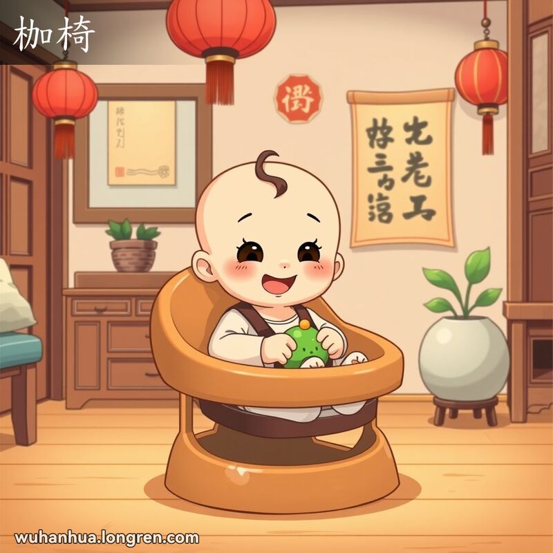 一位婴儿坐在小圆椅上，背景是温馨的中式家庭环境