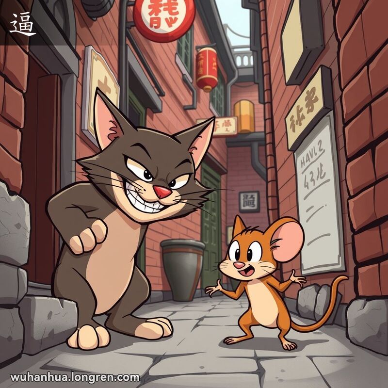 一只猫在武汉老街巷子里逼迫一只老鼠，背景有红砖墙和旧式招牌