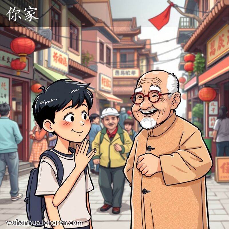 一位年轻人在武汉街头尊敬地对一位老人说“你家”，背景是传统建筑和街道