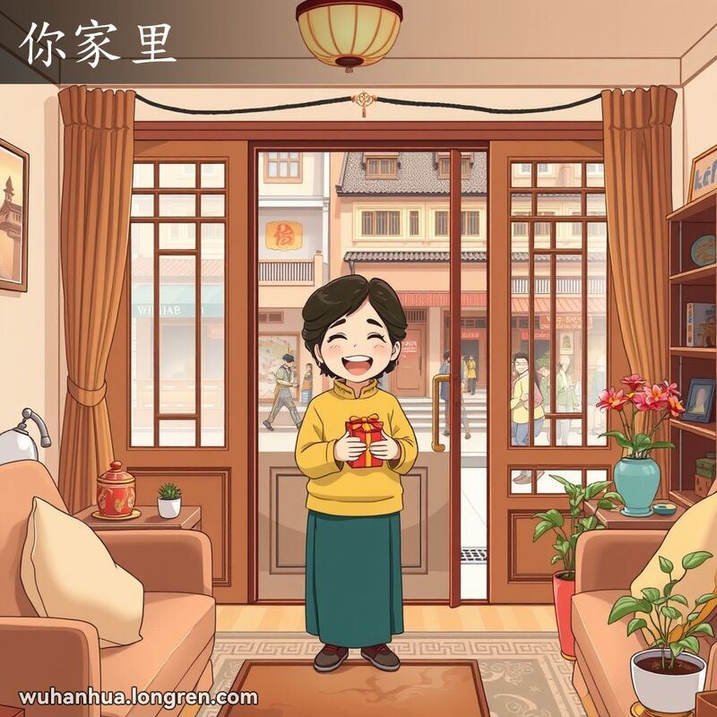 一位中年妇女在武汉家庭客厅里微笑迎接客人，背景是武汉老街景