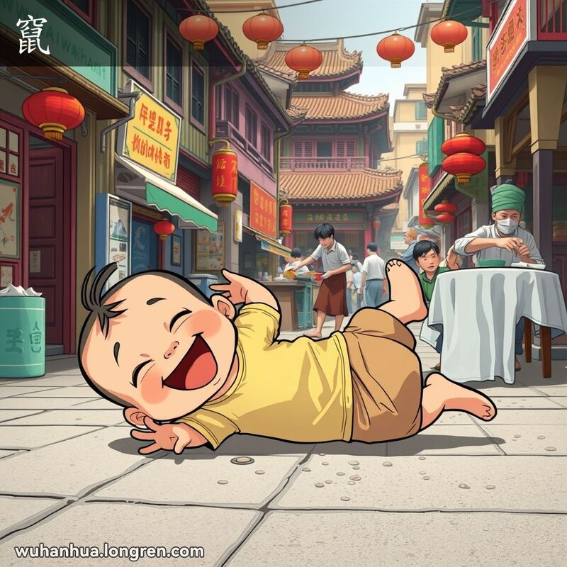 一个孩子在武汉街头嬉戏打滚，背景中小贩在擦拭桌子，画面生动活泼。