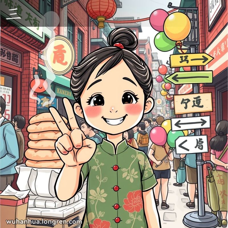 一个小女孩在武汉街头市场举起三根手指，背景有三个包子、三个气球和三个方向的路标
