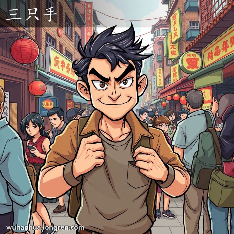 一位小偷在武汉街市上偷窃，背景是热闹的街市景象