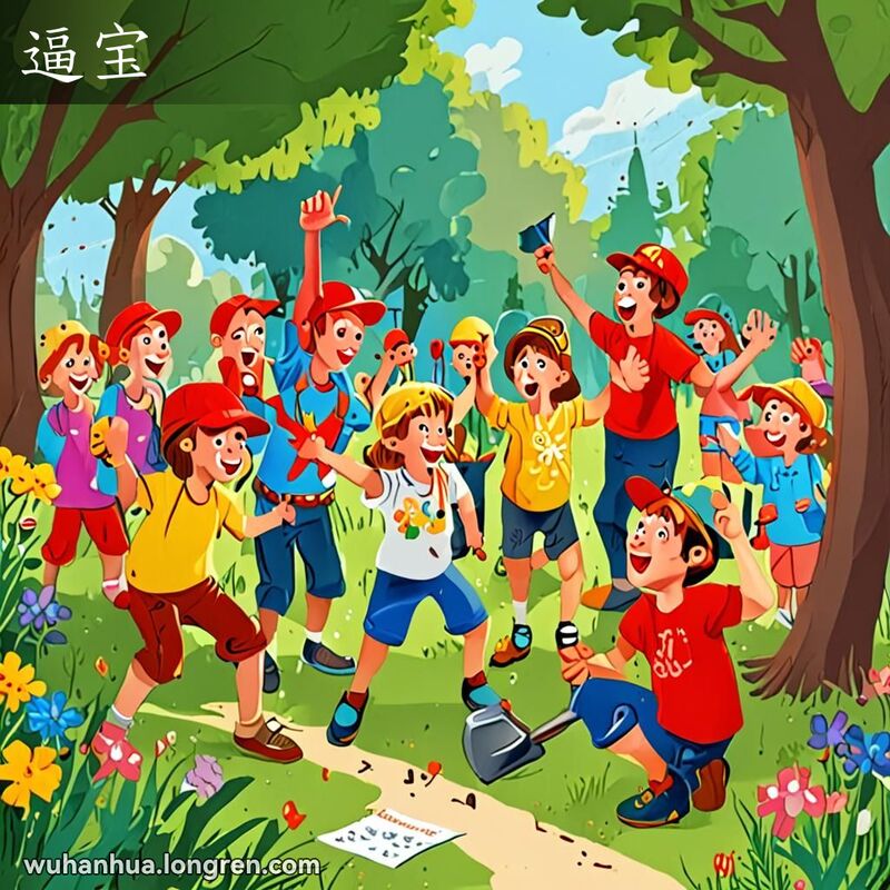 一群孩子在公园里进行寻宝活动，戴红帽子的孩子正在挖掘，其他孩子在一旁欢呼。