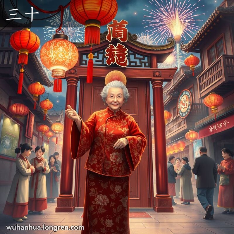 武汉传统社区除夕夜的热闹氛围，老妇人手持红灯笼和鞭炮，背景是挂红灯笼和放鞭炮的街道