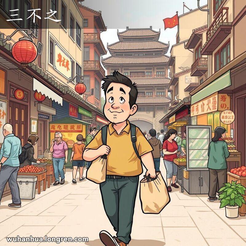 一位武汉男子在街上漫步，偶尔停下来与朋友交谈或浏览街边摊位，背景是武汉老街景