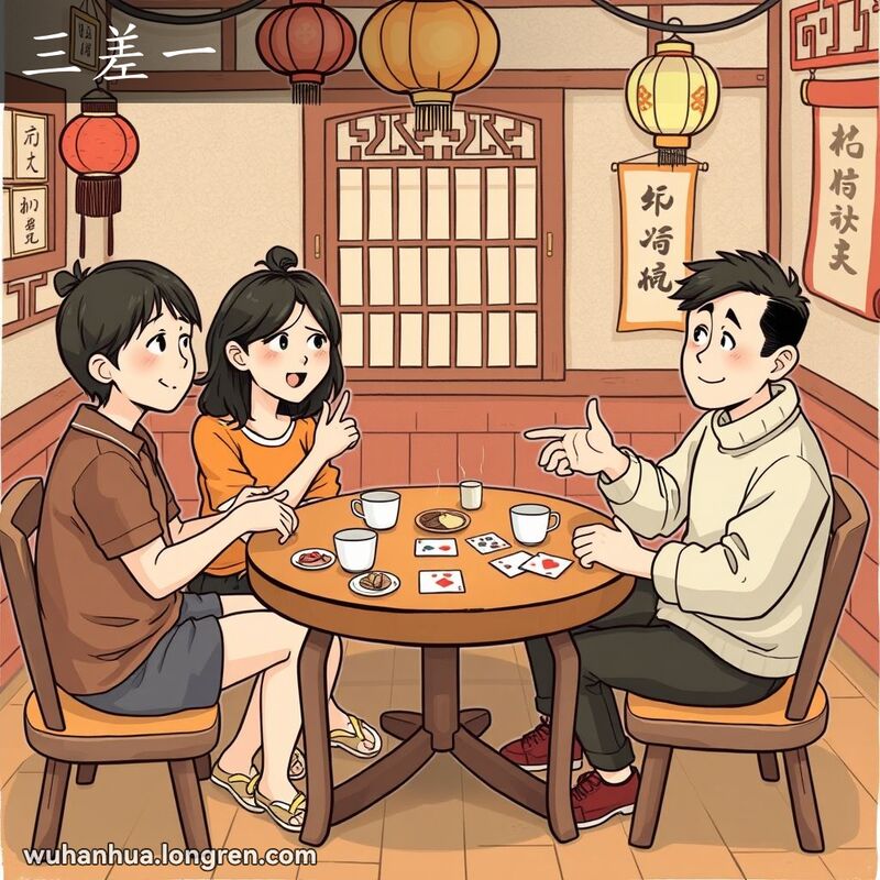 三位朋友在茶馆打牌，桌子上有茶杯、零食和扑克牌，一个座位空着，朋友们正在等待第四位玩家。