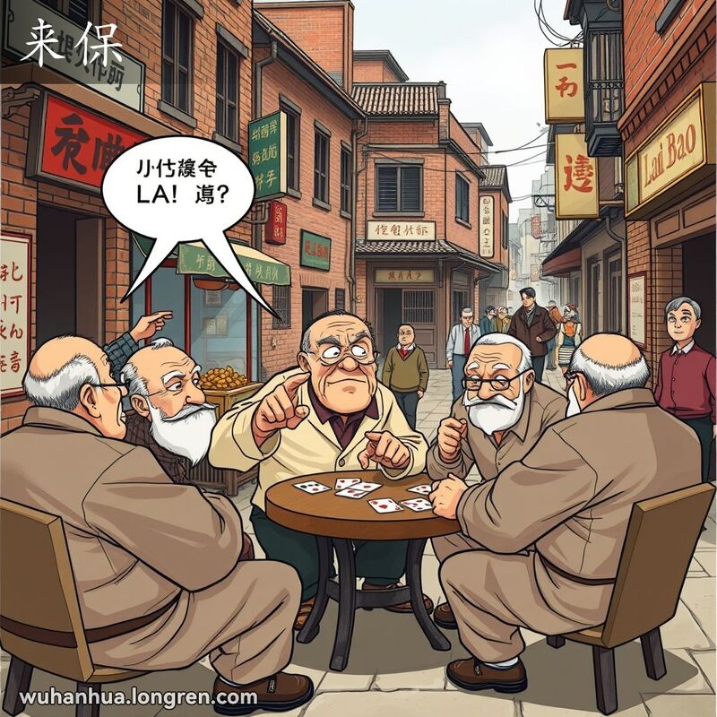 一群老年人在武汉老街的牌桌前，一位男子神情严肃，指着牌桌，口中念着“来保”。