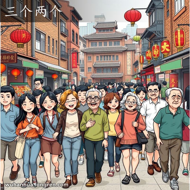 武汉街头人们三三两两结伴而行，背景是传统街景和小摊贩