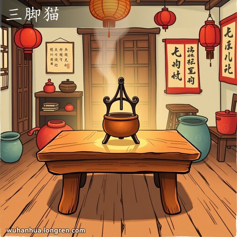 传统武汉家庭场景，木桌上有老式炉子和三脚铁架，背景有红灯笼和书法挂轴