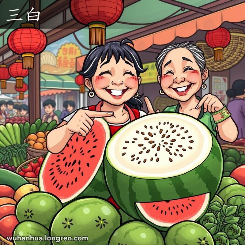 武汉市场摊位上的白色西瓜，摊主微笑指着西瓜，背景有红灯笼和竹篮