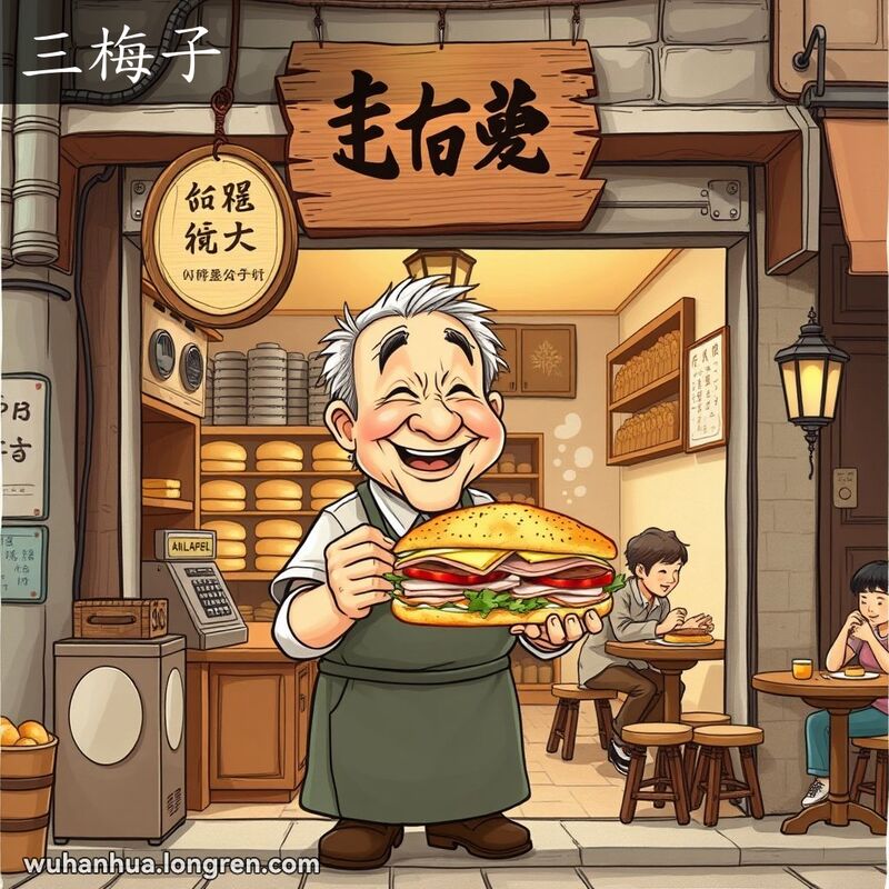 武汉老街角落的小面包店，老店主微笑着拿着一份三明治，背景有顾客享用三明治