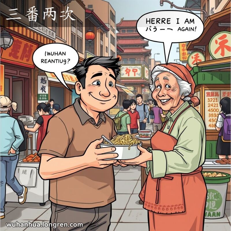 一位武汉男子在街边摊前拿着面条，老婆婆递给他另一碗，背景是热闹的市场，表现“三番两次”的场景