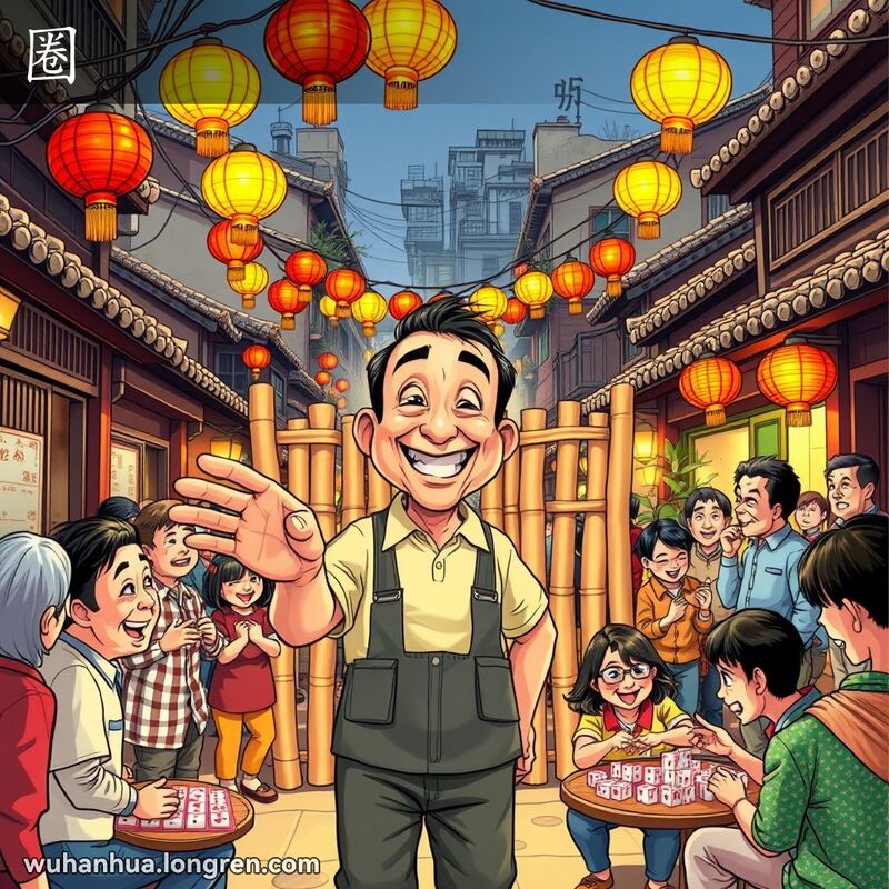 武汉社区中，一位中年男子站在被竹篱笆围住的房子前，背景中邻居们在打麻将和聊天。
