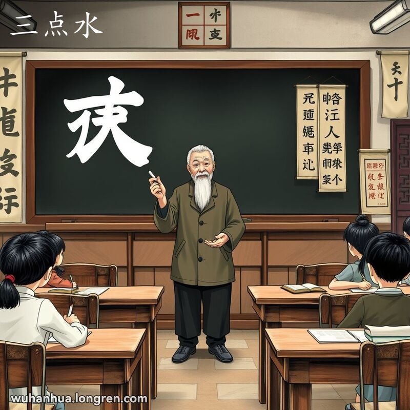 老师在教室里用粉笔指着黑板上带有“三点水”偏旁的汉字，学生们专注听讲。