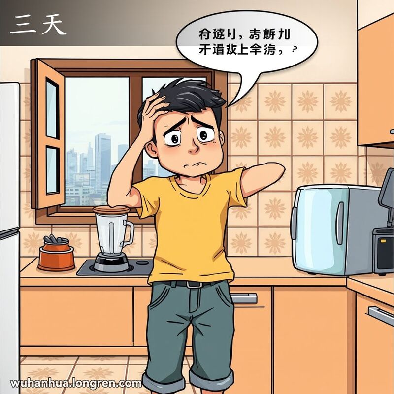 一位武汉男子站在厨房里，看着刚买不久就坏掉的家电，露出懊恼的表情，背景是武汉厨房景象