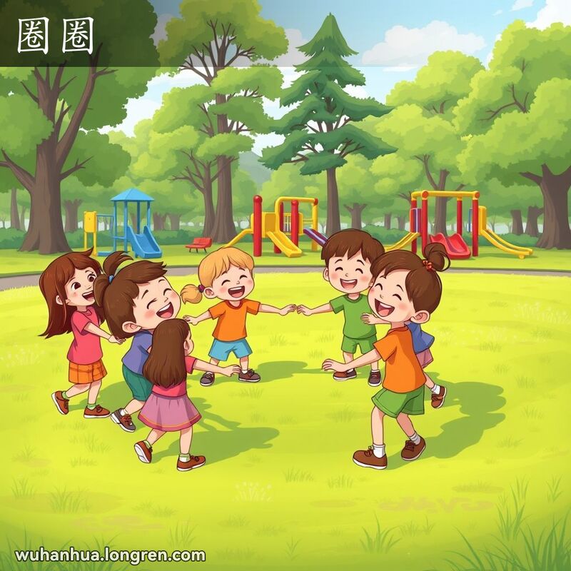一群孩子在公园里手拉手围成一个圈，背景是绿草地和游乐设施