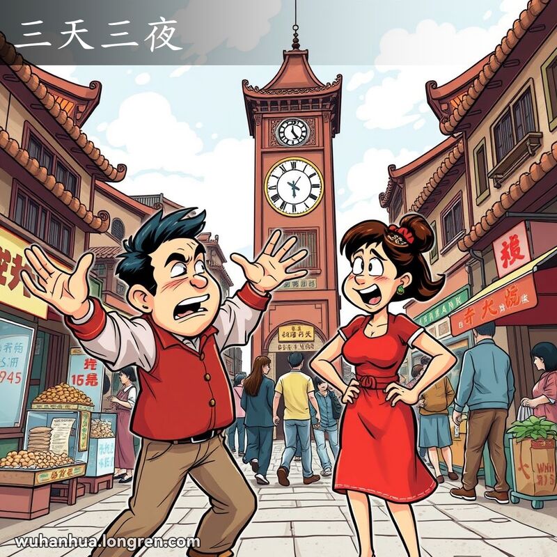 武汉街头一对男女激烈争吵，背景钟塔显示时间快速流逝，象征三天三夜