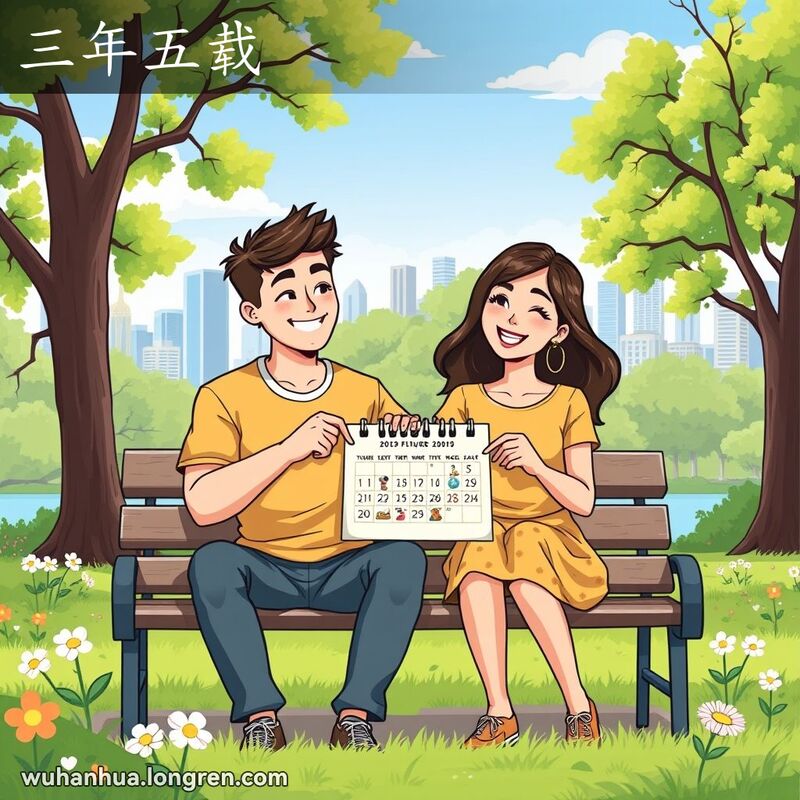 一对年轻情侣在公园长椅上，男子手持日历指向未来日期，女子微笑点头，背景是宁静的公园和远处的城市天际线