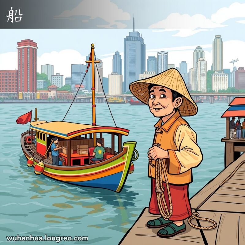 武汉长江码头，一艘传统木船停靠在岸边，渔民站在甲板上望向江面，背景是武汉的城市天际线。