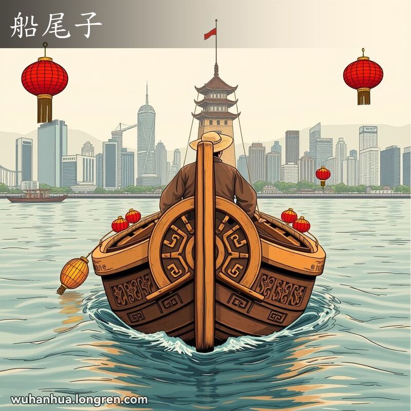 一艘传统木船在长江上航行，船尾有大舵，男子站在船尾握舵，背景是武汉天际线和黄鹤楼。