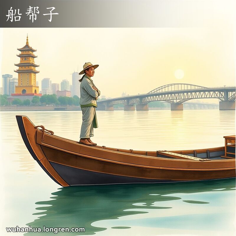 一艘传统木船在长江武汉段漂浮，船身侧面（船帮子）是焦点，一位渔民站在船边，背景是武汉标志性景观。