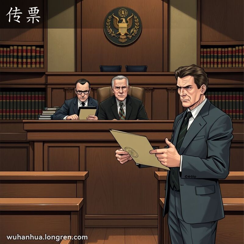 一位法官在法庭上手持传票，一位西装男子站在法官面前，手持同样的传票，背景是庄严的法庭场景