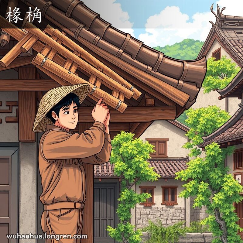 一位木匠在武汉传统房屋的屋顶上安放椽桷，背景是老街景色