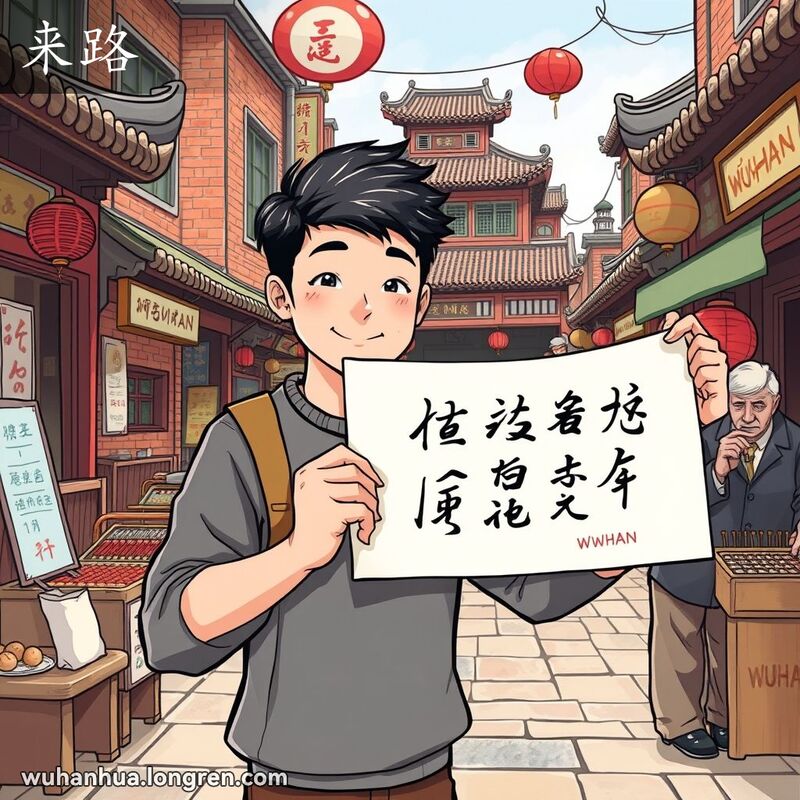 一位年轻人在武汉老街上展示精美书法，旁边老人熟练使用算盘，背景是武汉老街景