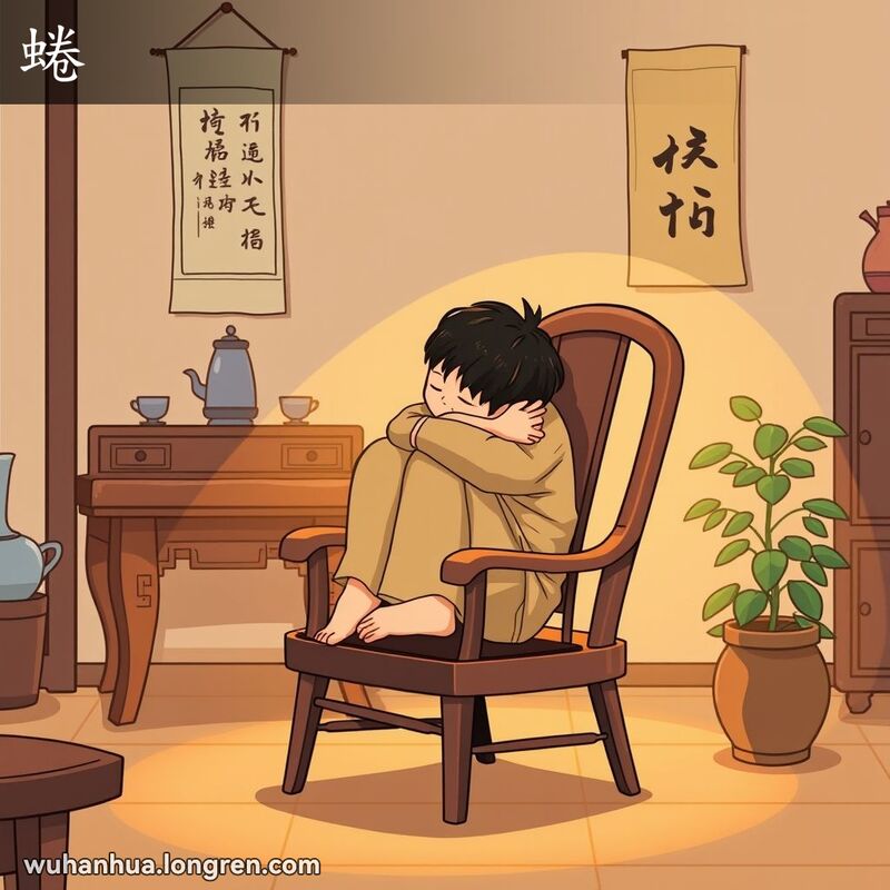 一个人在武汉老房子里坐在木椅上，双腿蜷缩，双臂环抱膝盖，背景是中式装饰。