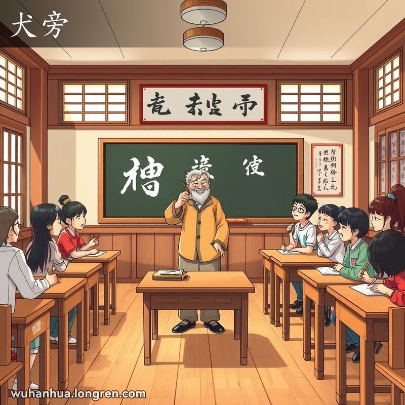 老师在教室里指着黑板上的汉字偏旁部首“犬旁”，向学生们讲解，学生们认真听讲和记笔记。