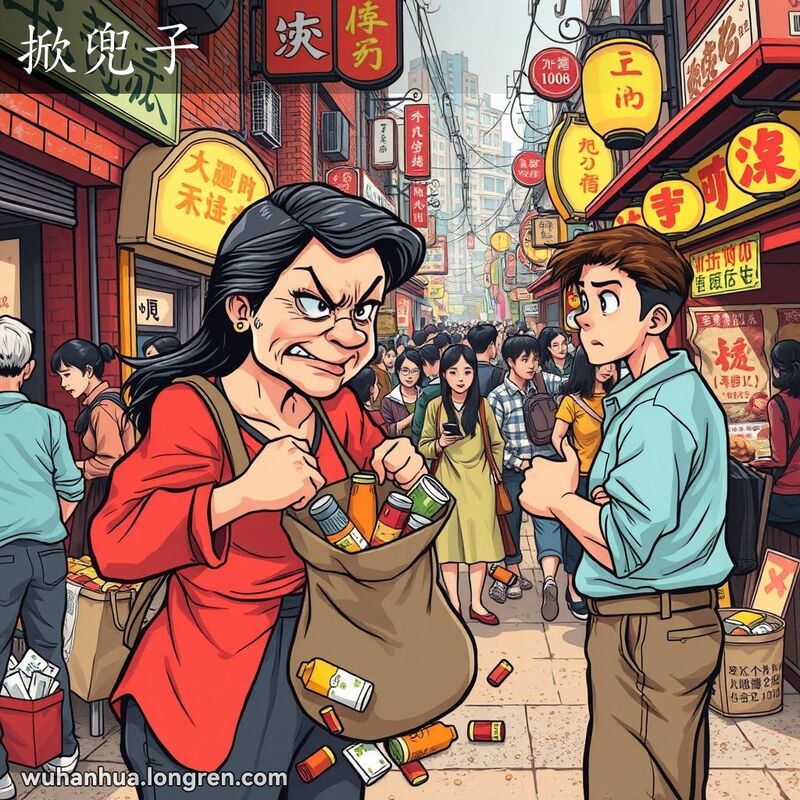一位中年妇女在武汉市场中愤怒地对着一个年轻人，手中拿着被打开的袋子，背景是武汉老街景。