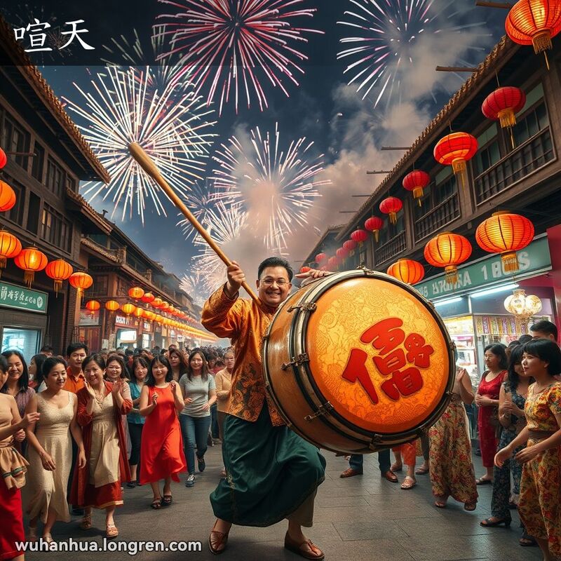 武汉传统节日街景，烟花绽放，锣鼓声不断，人们欢庆，表现“喧天”的热闹场面