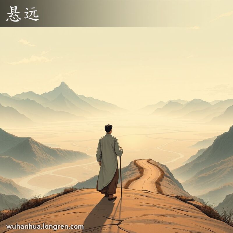 一个人站在广阔的景色中，眺望远方的地平线，背景有山脉、河流和蜿蜒的道路，天空晴朗。
