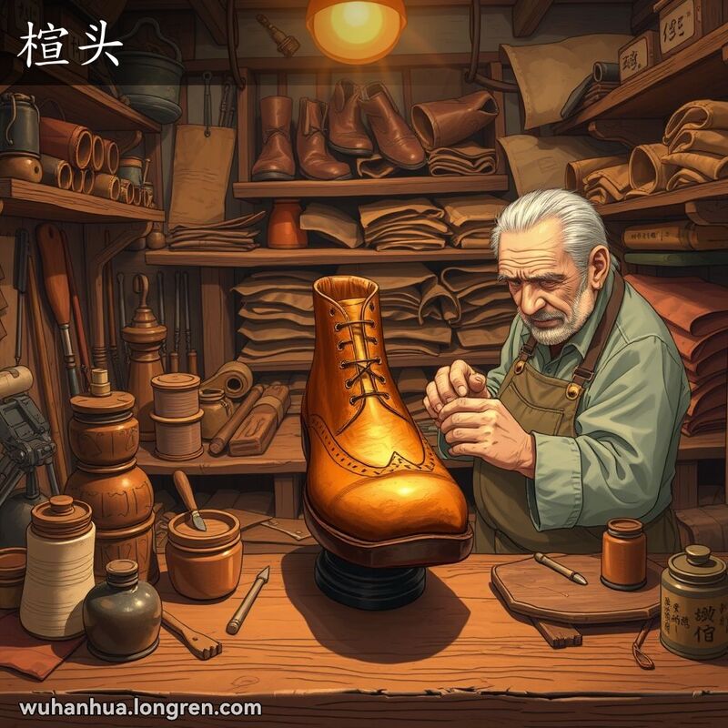 一个老鞋匠在作坊里用木制鞋楦头制作鞋子，背景是陈旧的工具和皮革
