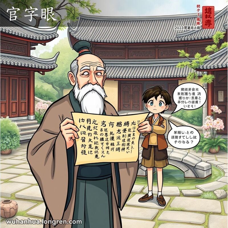 一位老学者手持文言文卷轴，站在古典庭院中，背景中年轻人显得困惑，体现“官字眼”的语义。