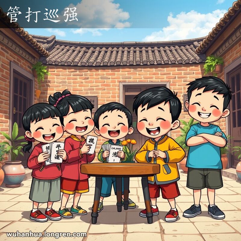 四个孩子在院子里玩“管打巡强”游戏，一个孩子手持纸牌，另一个孩子猜测，背景是武汉老院子