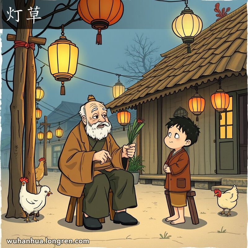一个老人在黄昏的武汉街道上，手拿灯芯草，向孩子解释，背景有古朴的木屋和鸡。