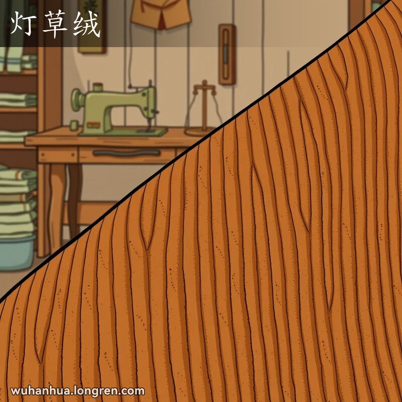 一块灯芯绒布料的特写，背景是裁缝店的缝纫桌和缝纫机