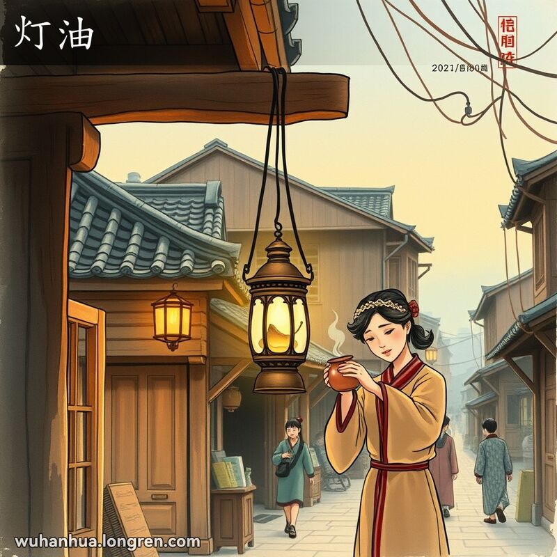 武汉老街傍晚，传统油灯挂在老店铺木梁下，妇女从陶罐中倒油，背景有老式建筑和行人。
