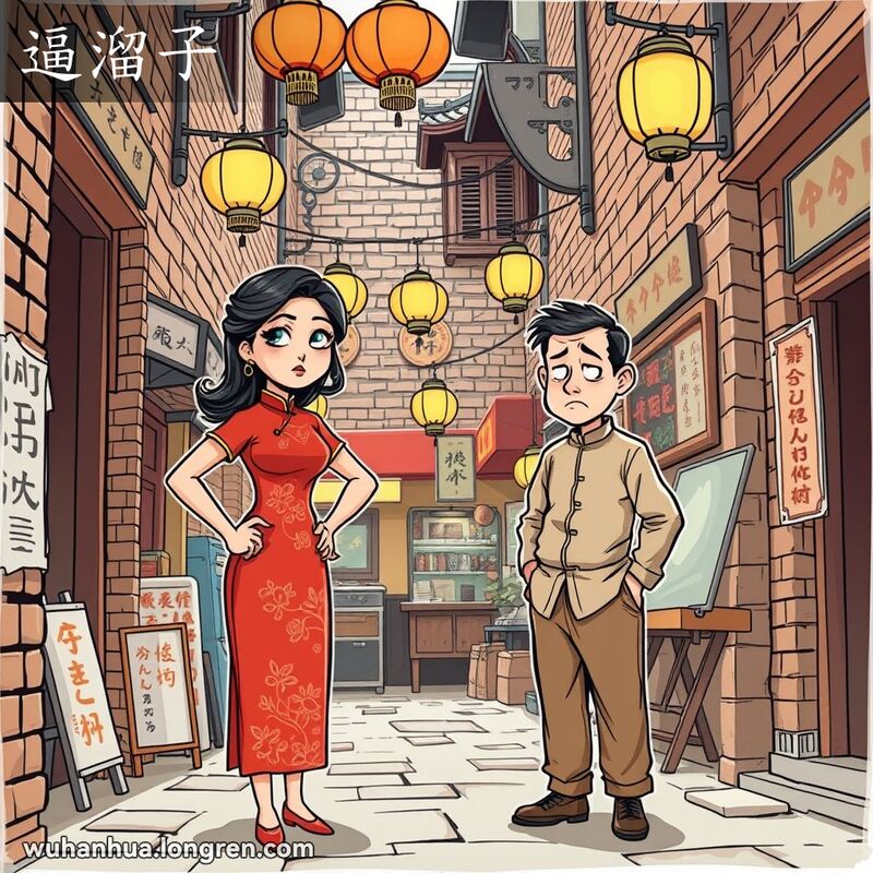 一位穿旗袍的女子在武汉老街巷中，双手叉腰，神情坚定，旁边的男子表情不安，背景是武汉老街景