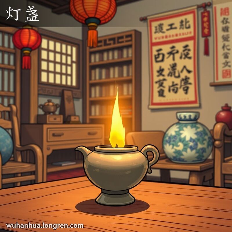 一个传统的武汉家庭场景，油灯放在木桌上，灯火闪烁，背景有红灯笼和书法卷轴