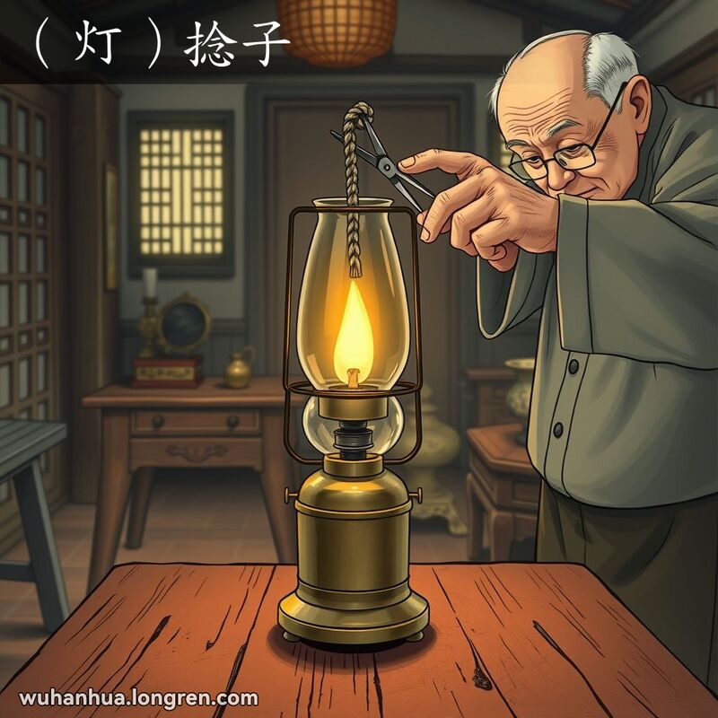 一盏老式煤油灯放在木桌上，灯芯从灯罩中伸出，一位老人正在修剪灯芯，房间布置着古老的家具和装饰。