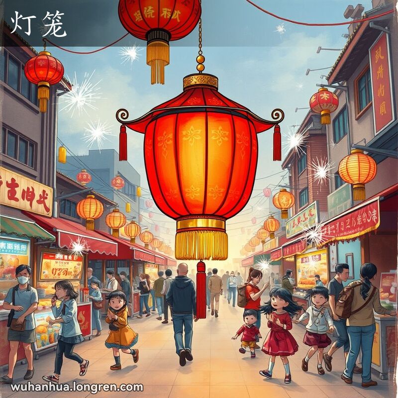 武汉市元宵节期间的繁华街道，传统红色灯笼挂在木质框架上，背景有小贩、孩子和家庭在庆祝节日。