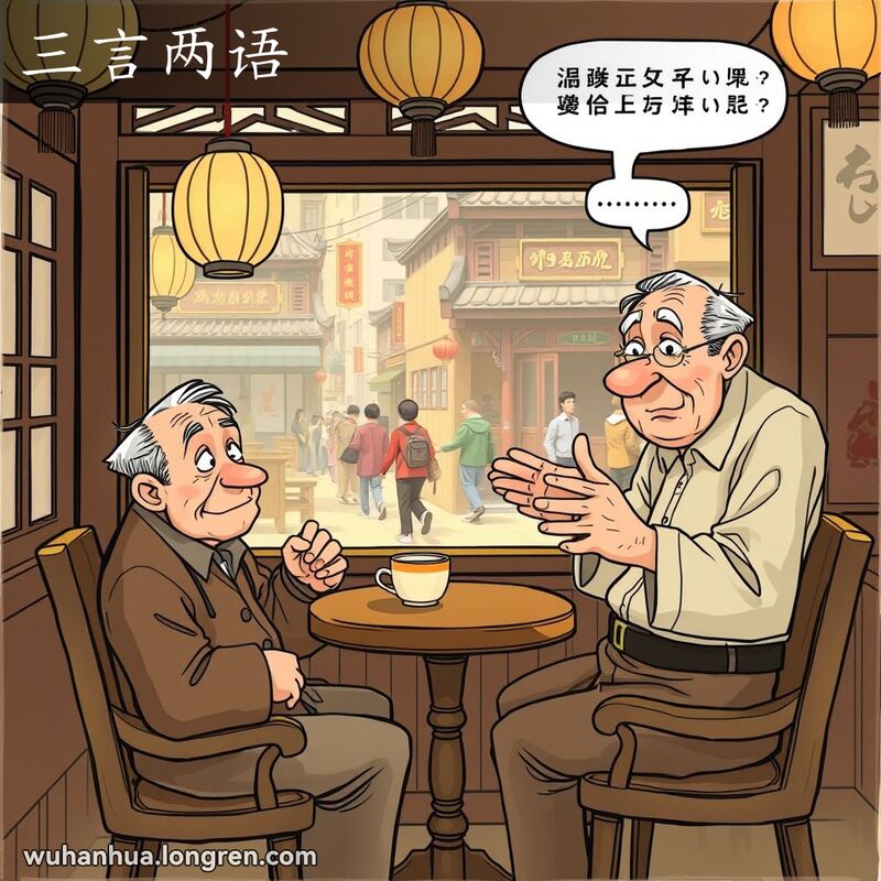 两位老人在武汉茶馆里喝茶聊天，一位老人用简短的几句话交流，背景是武汉老街景