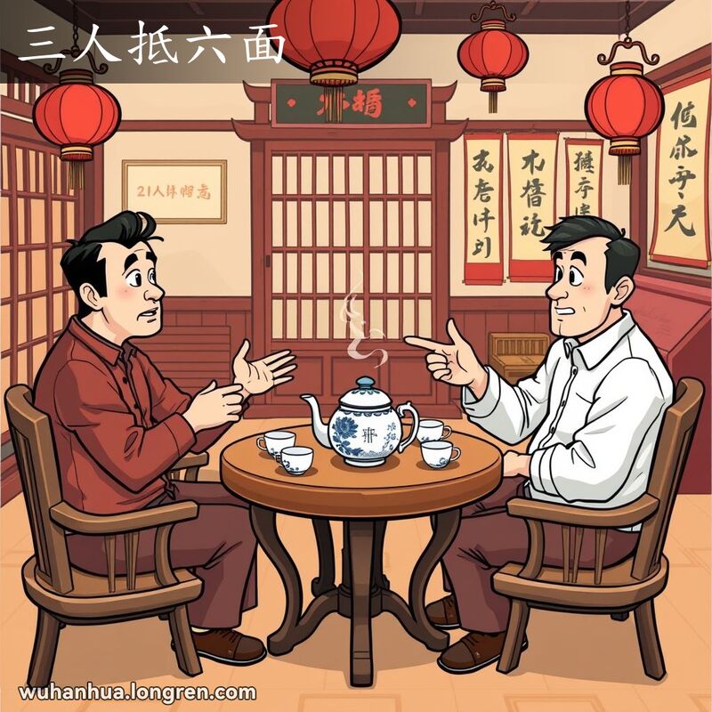 三个人在武汉茶馆围坐讨论，背景有红灯笼和书法条幅