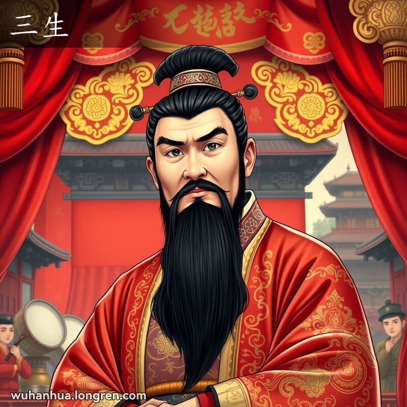 一位中年男子在汉剧舞台上表演，穿着传统服装，戴着黑色胡须，背景是古建筑和乐器