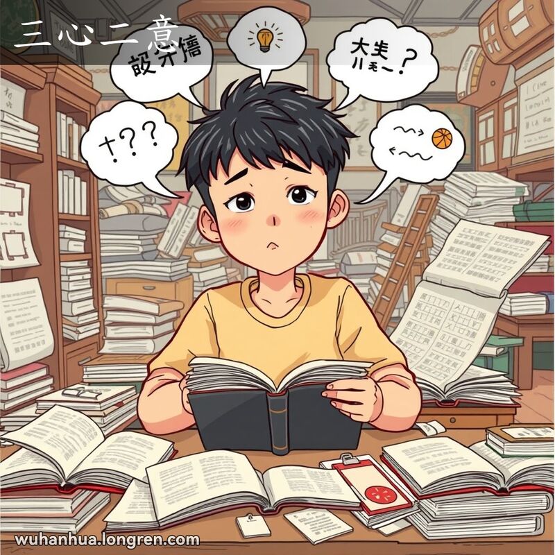 一位年轻人坐在书桌前，周围散落着书籍和笔记，脸上露出困惑和犹豫不决的表情，头顶上的思想泡泡中显示出各种不同的想法和计划，背景是凌乱的房间。