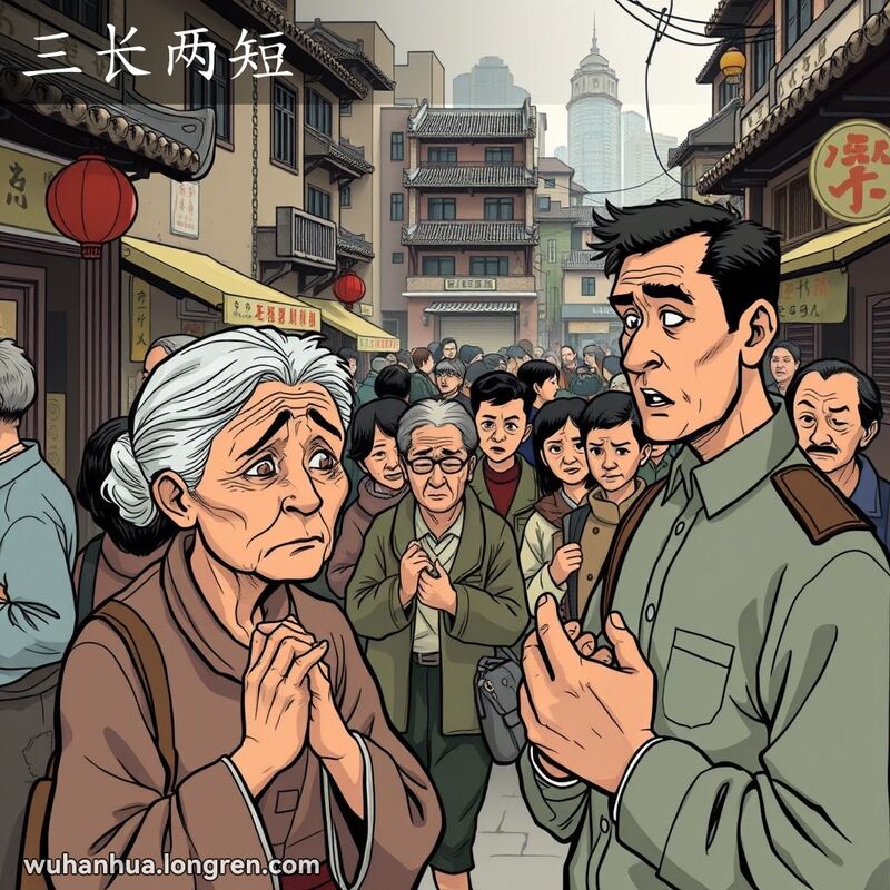 一位老妇人在武汉街头与年轻男子交谈，背景是混杂的建筑和长江，周围居民面露焦虑，表达“三长两短”的紧张氛围
